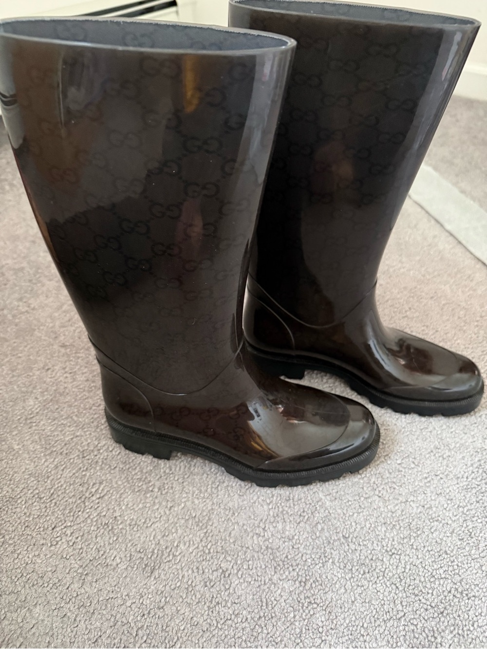 Gucci Brown Monogram Mid-Calf Rain Boots - Picture 2 of 7
